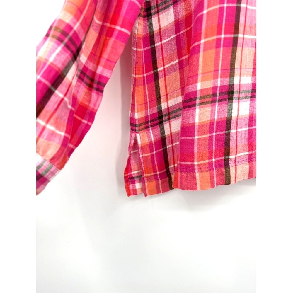 Jones New York Sport Shirt L 100% Linen Plaid Madras Button Front Preppy - Picture 4 of 12